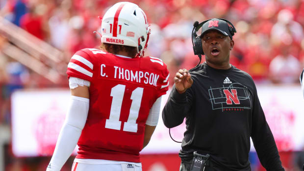 Casey Thompson and Mickey Joseph 2022 Nebraska vs Oklahoma football USATSI_19063286